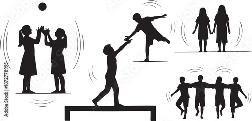 Silhouette illustrations of people in various playful social interactions together