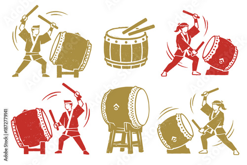 太鼓を叩く男女と和太鼓のセット。版画風・かすれ表現のベクターイラスト