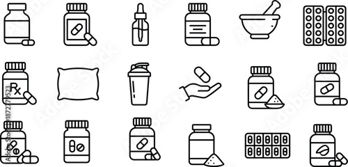 Minimalist medical and pharmaceutical icon set featuring pills, capsules, prescription, treatment, healthcare tools, and medication symbols