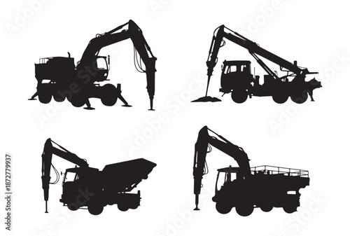Truck Mounted Drilling Rig Silhouette Set, Heavy Construction Machinery Vector Style Illustration.