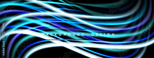 Abstract flowing lines, vibrant blues, whites, purples. Dark background creates dynamic visual effect. Modern design element.