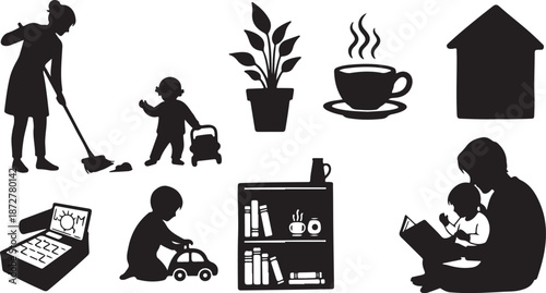 Family and domestic life silhouettes with household chores and routine