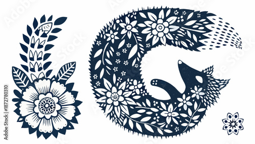 Stunning floral wolf design with intricate leaf patterns