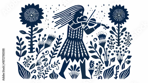 Woman playing violin surrounded by vibrant flowers and plants