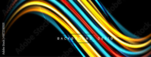 Abstract flowing lines, vibrant colors, dynamic wave pattern. Black background creates strong visual contrast, modern design element.