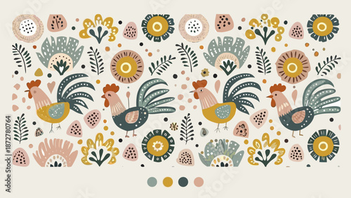 Vibrant roosters and floral pattern in bohemian style design