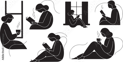 Silhouette of woman sitting with coffee and phone in various poses
