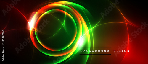 Vibrant neon circles radiate energy. Red, green, orange hues blend against dark backdrop. Modern design element.