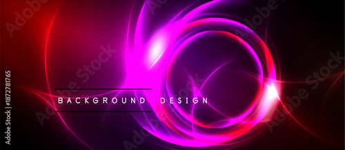 Abstract vibrant design features swirling light patterns. Red, purple hues dominate dark background. Text reads background design.