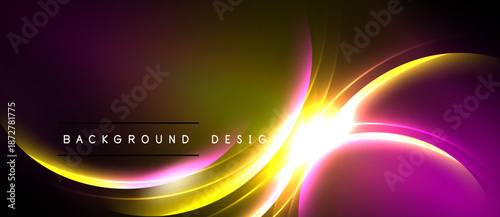 Abstract background features vibrant curves, gradients. Gold, purple, pink hues create dynamic visual effect. Modern design element.