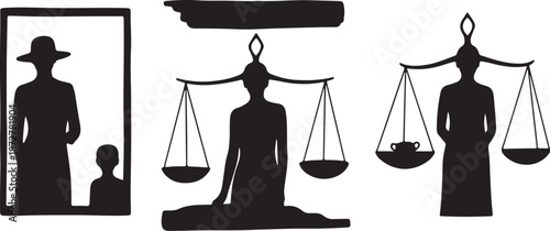 Silhouettes of justice, law, and family in black and white