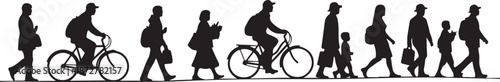 Silhouettes of people walking and cycling in a row sequence