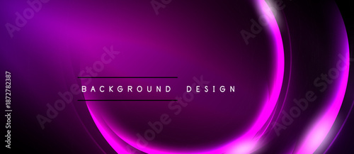 Abstract purple neon glow. Smooth curves create dynamic background design. Text reads background design. Dark space surrounds bright shapes.