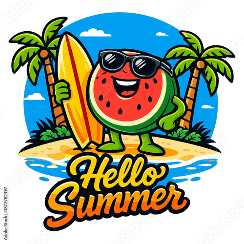 Cartoon Style Cheerful Watermelon Character Holding Surfboard on Summer Beach Illustration