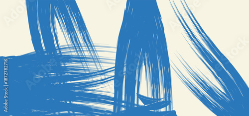 Dynamic diagonal blue brush stroke banner background. Hand drawn vector grainy brush stroke texture. Distress damaged edge vintage template with squiggle or expressive abstract bold smears.