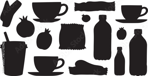 Silhouettes of food and drink items on white background