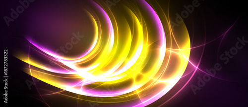 Abstract swirls, vibrant yellow, purple hues dominate dark background. Dynamic energy radiates from flowing lines, creating luminous effect.