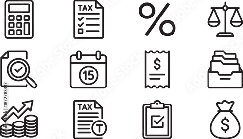 A professional flat illustration of various business and finance icons in black and white with no background or white space with graphic and resources