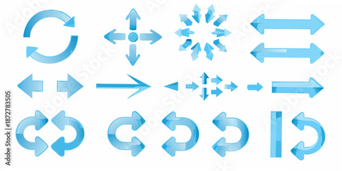 Collection of various blue arrow symbols depicting different directions and movements