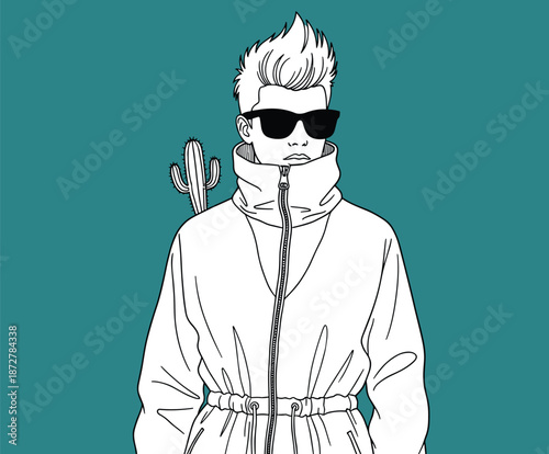 Stylish person in sunglasses, spiked hair fashion, high collar jacket illustration, cactus background art, modern urban design, flat vector illustration