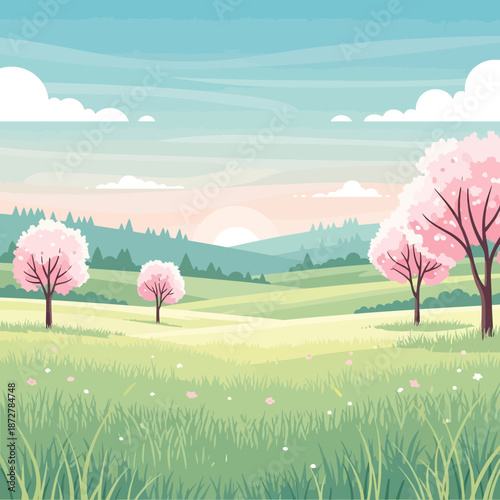 Spring landscape with cherry blossom trees and rolling hills