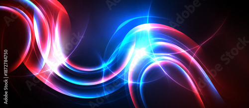 Bright abstract lines, vibrant colors, dynamic curves. Red, blue, white light creates energy, flowing shapes, modern design.