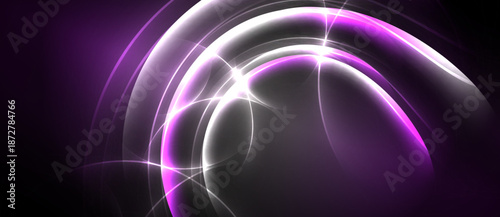 Abstract glowing curves, vibrant purple hues, bright light effects. Dark background creates dramatic visual impact. Modern design.