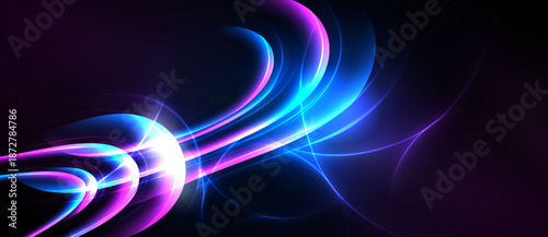 Abstract swirls, vibrant blues, purples radiate from center. Dynamic energy, smooth curves create futuristic feel. Dark background enhances luminosity.