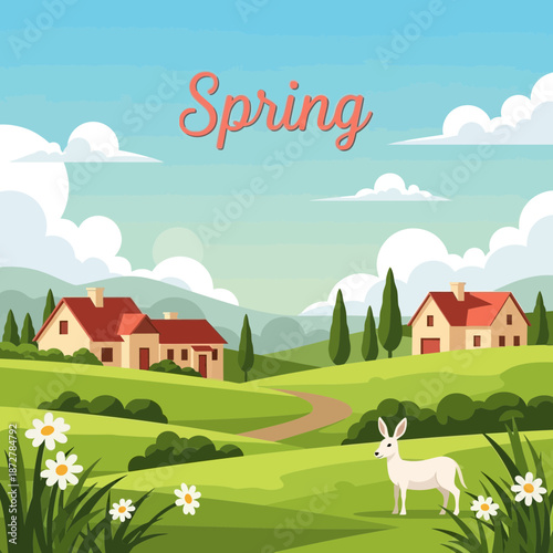 Spring landscape with houses, rolling hills, and a white deer.