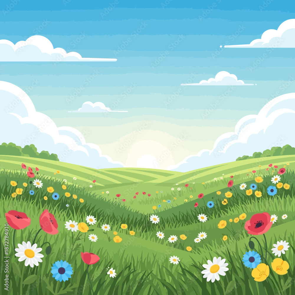 Fototapeta premium Sunny Meadow with Wildflowers and Rolling Hills