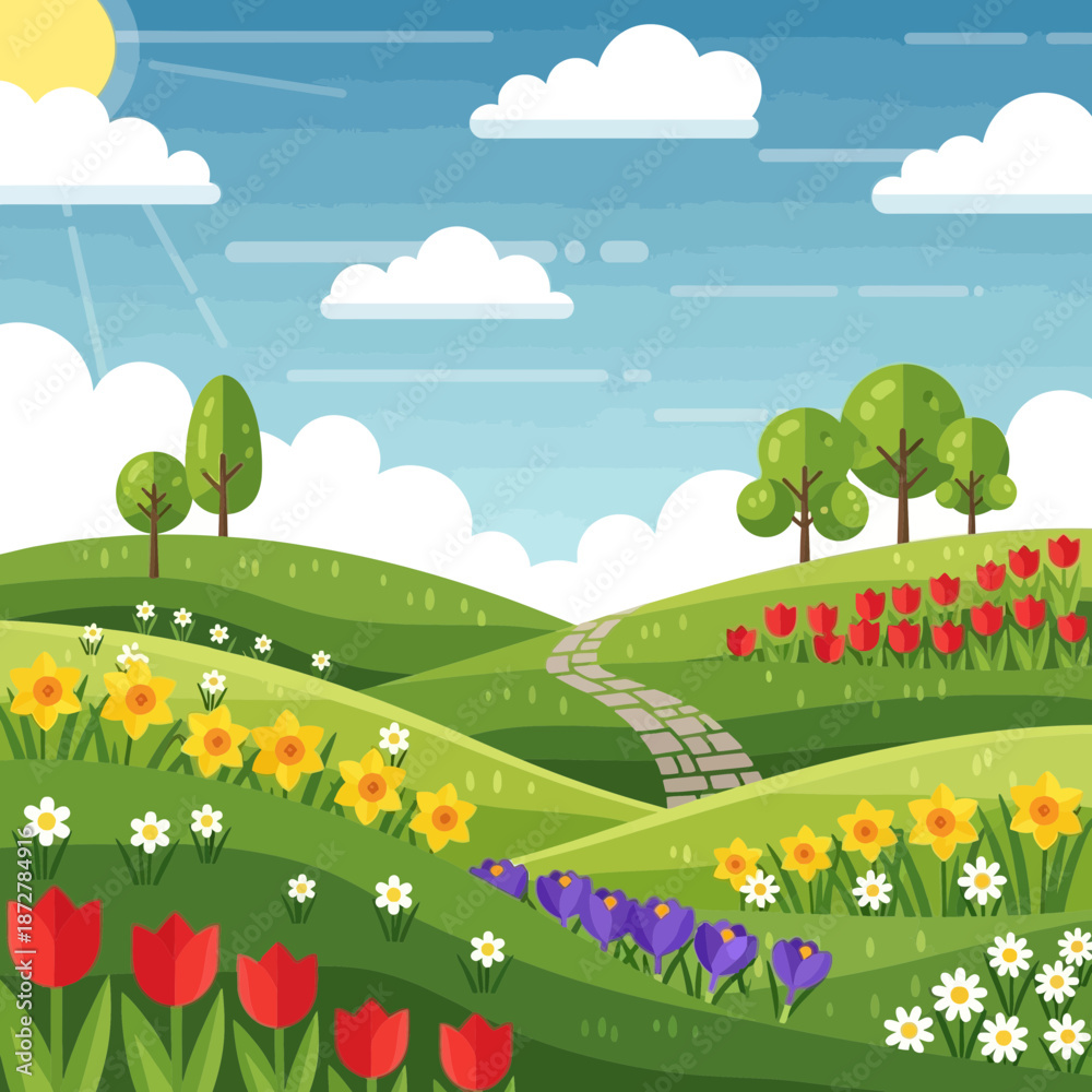 Naklejka premium Sunny spring landscape with rolling hills, flowers, and clouds