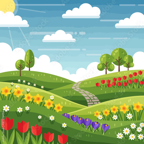 Sunny spring landscape with rolling hills, flowers, and clouds