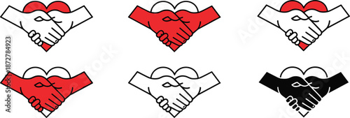 Handshake heart icons, unity love partnership symbols, teamwork compassion vector illustrations, trust agreement clipart set