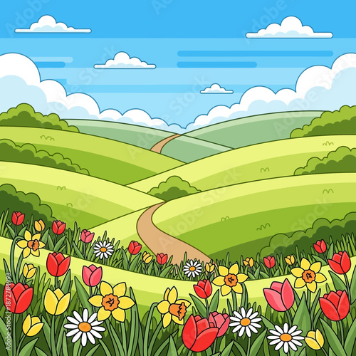 Vibrant spring landscape with rolling hills, winding path, and colorful flowers.