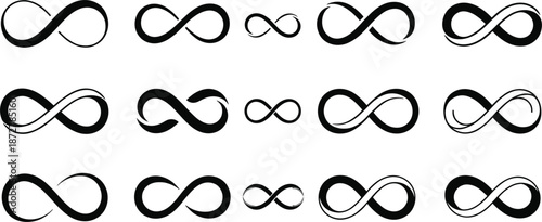 Infinity symbol vector icons with elegant loops, minimalist endless signs, eternity graphics, limitless figure-eight designs for branding