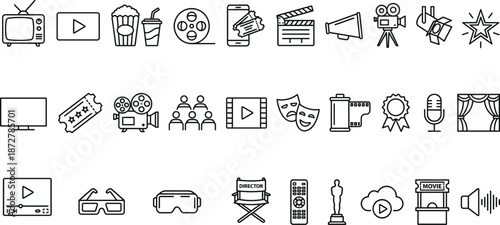 Cinema and entertainment line icons set including movie production, streaming, filming equipment, acting, awards, media content and theater elements
