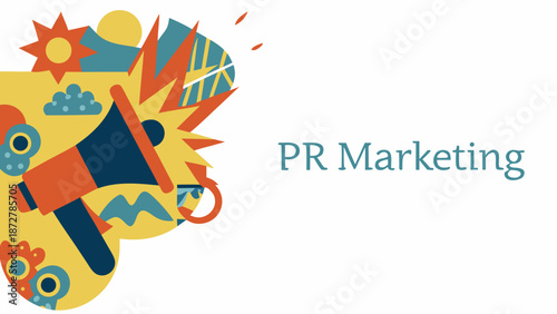 Vibrant retro styled illustration for pr marketing featuring colorful icons and megaphone