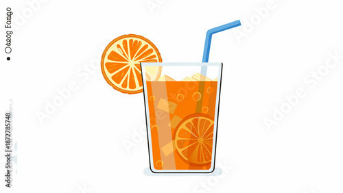 Refreshing iced orange drink in clear glass with citrus slices and blue straw on white