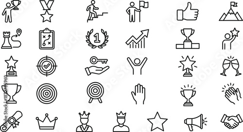 Minimal achievement and success line icons for awards, motivation, leadership, goal setting, recognition, performance improvement, teamwork and celebration concepts