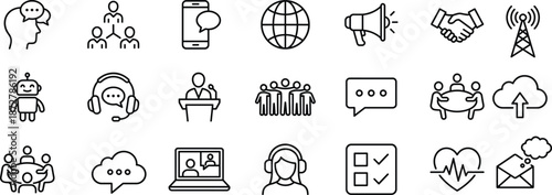 Minimal line icons set representing communication, teamwork, chatbot support, mobile messaging, collaboration, cloud sharing, broadcasting and digital customer service