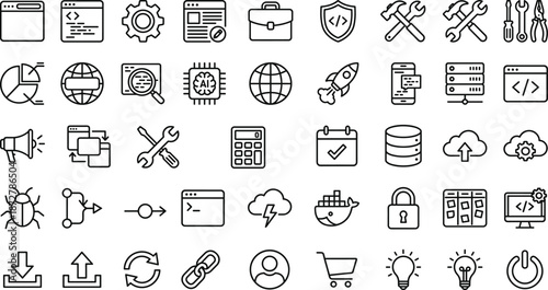 Technology and software development line icons set featuring coding tools, cloud computing, analytics, AI, security, data management and user interface symbols