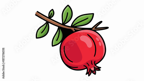 A vibrant red pomegranate hangs from a branch with green leaves