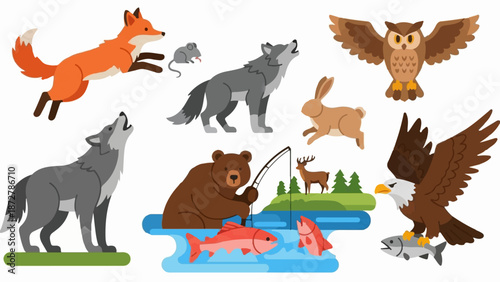 A vibrant flat design showcasing diverse wildlife in playful, stylized scenes