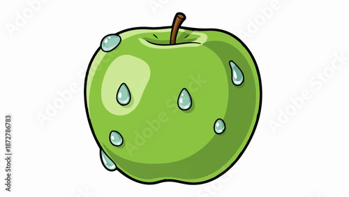 A vibrant green apple adorned with glistening water droplets, isolated on a white background
