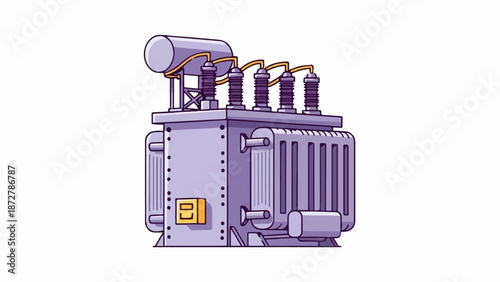 A stylized purple electrical transformer with yellow connectors on a white background