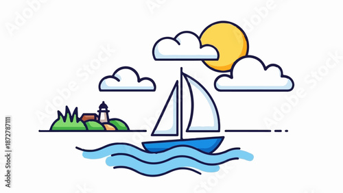 A stylized sailboat navigates gentle waves under a bright sun and scattered clouds near a small island with a lighthouse
