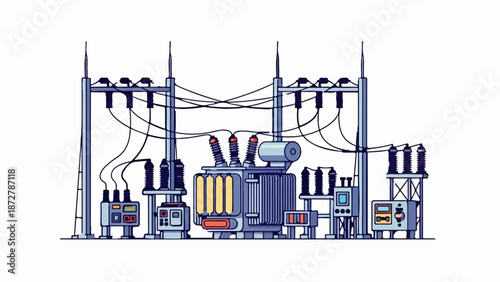 A stylized illustration of an electrical substation with transformers, insulators, and power lines against a white background