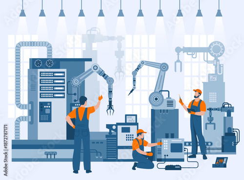 Technicians performing diagnostics and maintenance on industrial machinery. Concept of industrial maintenance, automation and technical support.