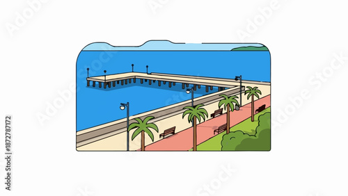 A stylized seaside promenade with a pier, palm trees, and benches under a blue sky