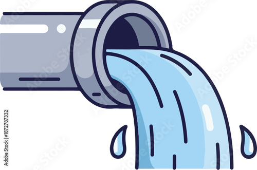A stylized cartoon pipe releases a stream of flowing blue water, with droplets